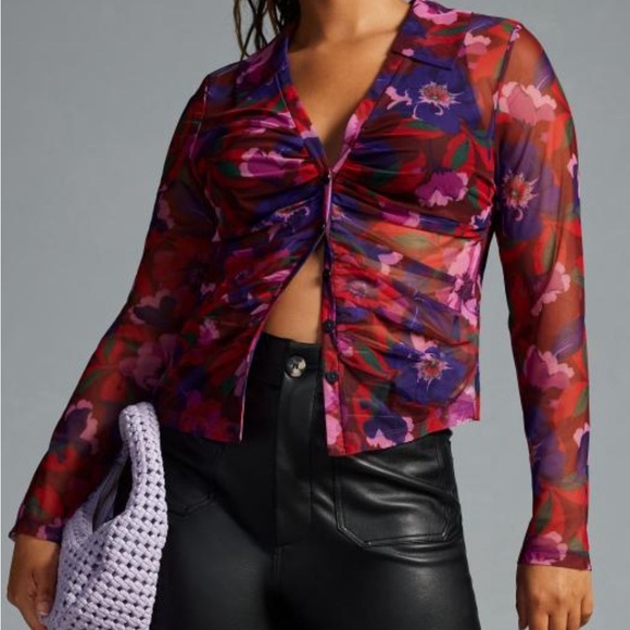 Maeve by AnthropologieSheer Ruched Buttondown Blouse - Picture 3 of 8